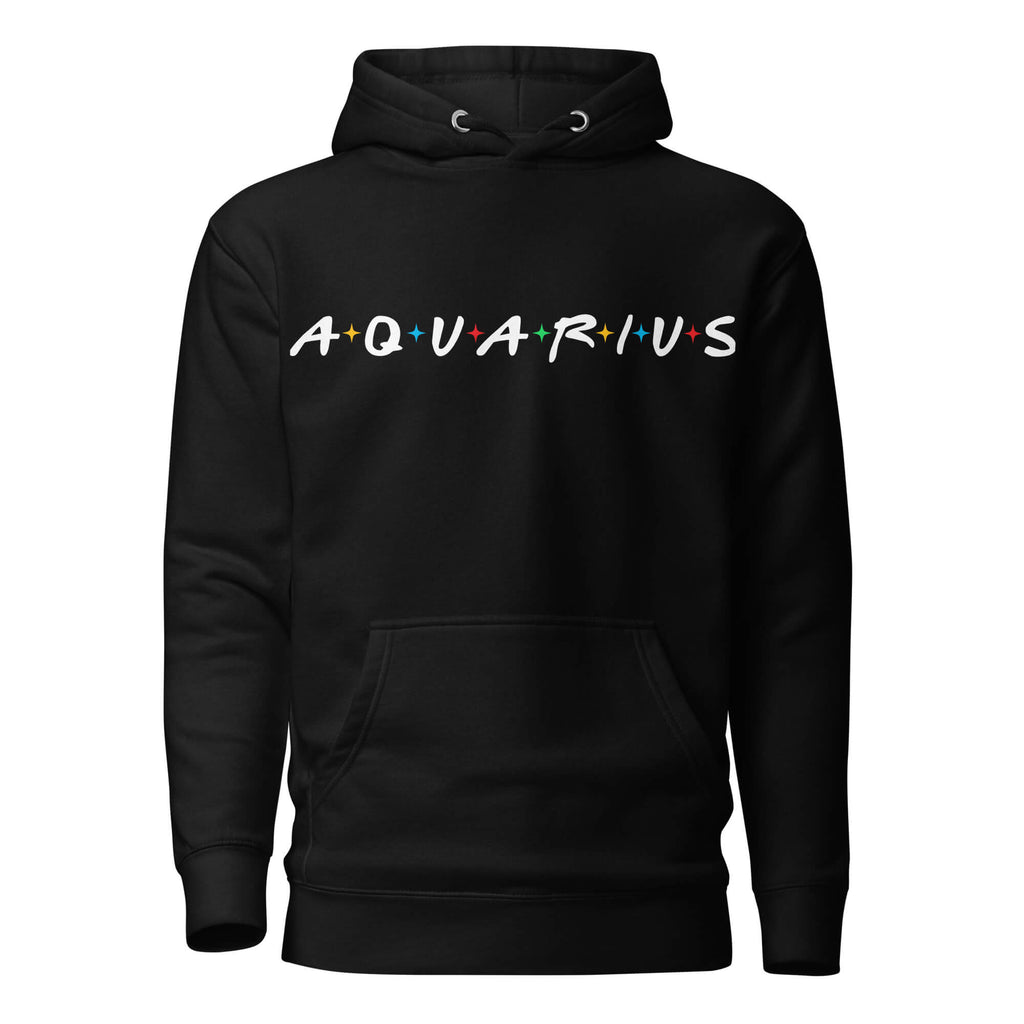 Aquarius zodiac 90s nostalgia graphic pullover hoodie, black unisex relaxed fit, front flat lay