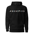 Aquarius zodiac 90s nostalgia graphic pullover hoodie, black unisex relaxed fit, front flat lay