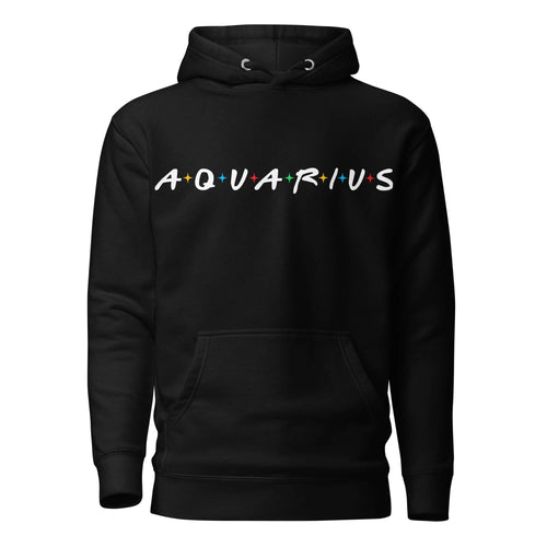 Aquarius zodiac 90s nostalgia graphic pullover hoodie, black unisex relaxed fit, front flat lay