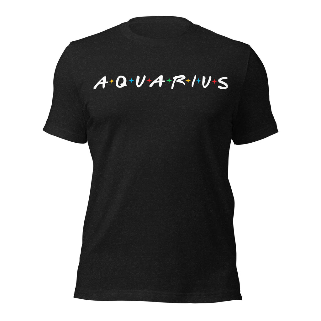 Aquarius zodiac 90s nostalgia graphic t-shirt, black unisex relaxed fit, front flat lay
