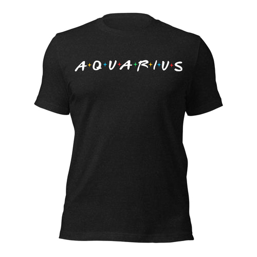 Aquarius zodiac 90s nostalgia graphic t-shirt, black unisex relaxed fit, front flat lay