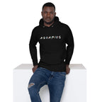 Person wearing Aquarius zodiac 90s nostalgia pullover hoodie in black, unisex retro astrology apparel