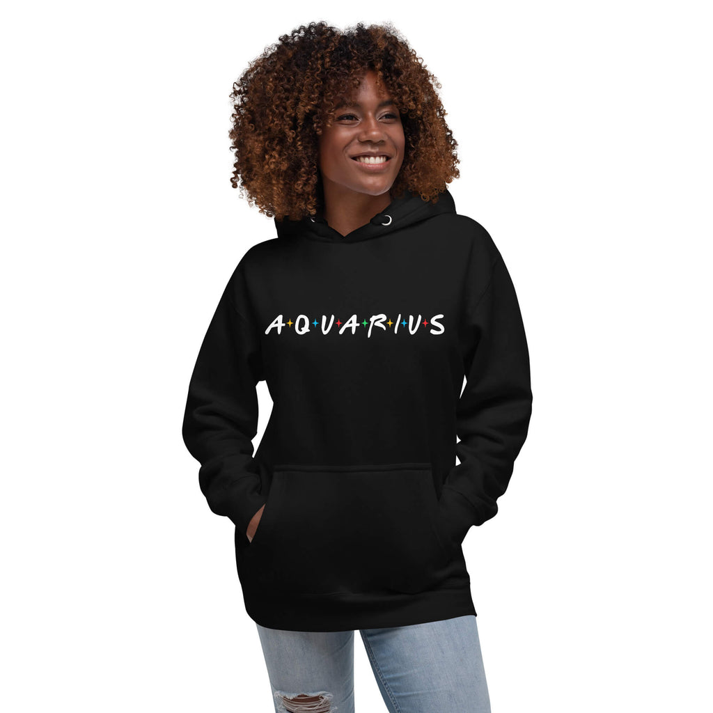 Person wearing Aquarius zodiac 90s nostalgia graphic hoodie in black, retro astrology style