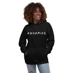 Person wearing Aquarius zodiac 90s nostalgia graphic hoodie in black, retro astrology style