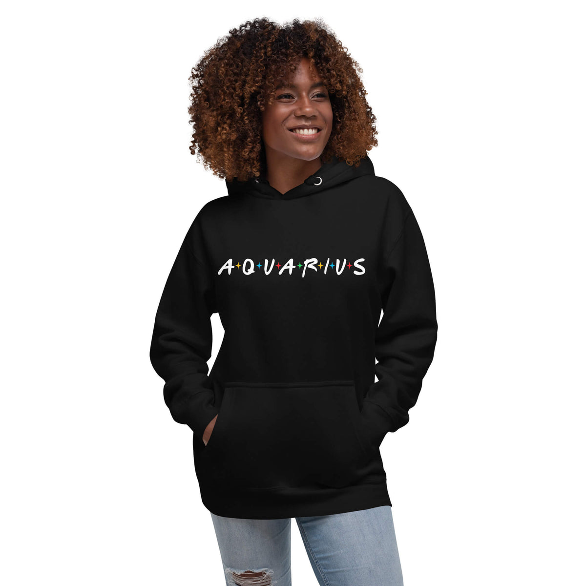 Person wearing Aquarius zodiac 90s nostalgia graphic hoodie in black, retro astrology style