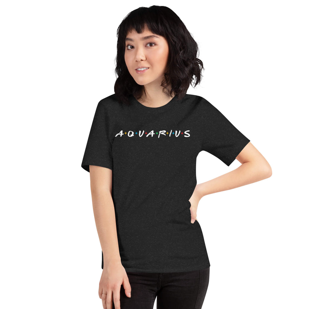 Person wearing Aquarius zodiac 90s nostalgia graphic t-shirt in black, unisex astrology apparel