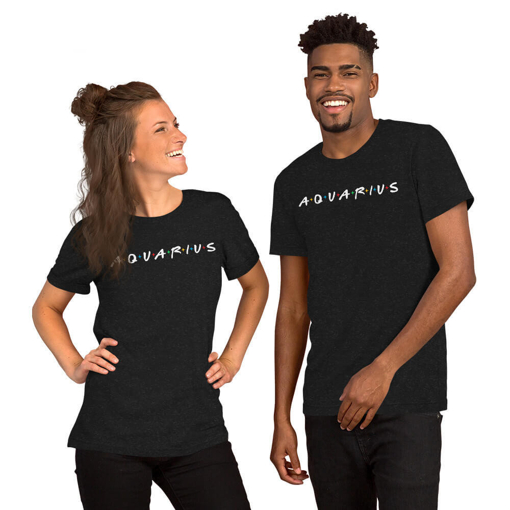 Two people wearing Aquarius zodiac 90s nostalgia graphic t-shirts in black, lifestyle photo