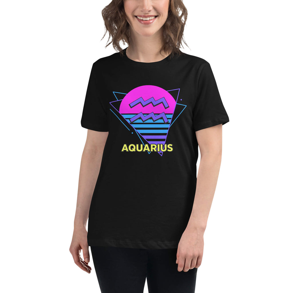 Person wearing Aquarius zodiac retro 80s graphic t-shirt, unisex astrology apparel