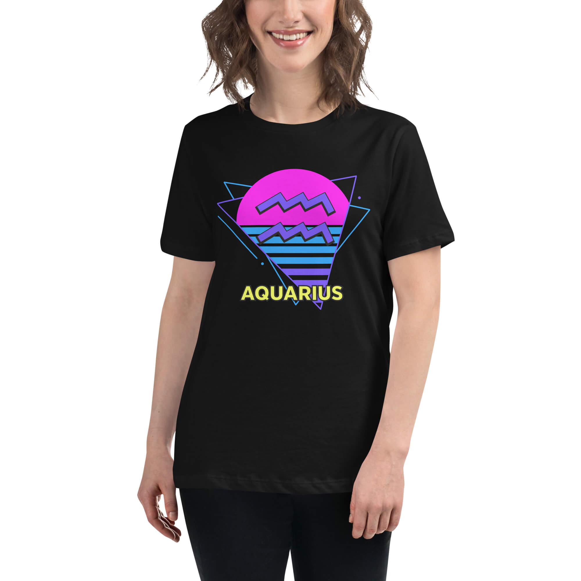 Person wearing Aquarius zodiac retro 80s graphic t-shirt, unisex astrology apparel