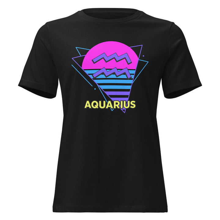 Aquarius retro 80s zodiac t-shirt with pink sun design on black shirt – flat product mockup