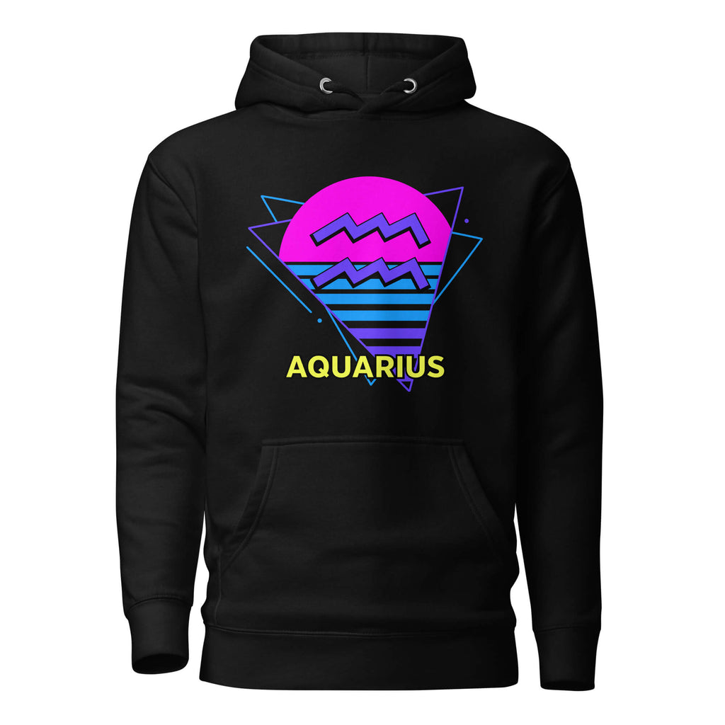 Aquarius zodiac retro 80s graphic pullover hoodie, black with purple design, unisex astrology apparel, front flat lay