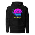 Aquarius zodiac retro 80s graphic pullover hoodie, black with purple design, unisex astrology apparel, front flat lay