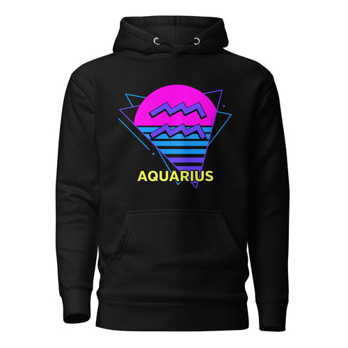 Aquarius zodiac retro 80s graphic pullover hoodie, black with purple design, unisex astrology apparel, front flat lay