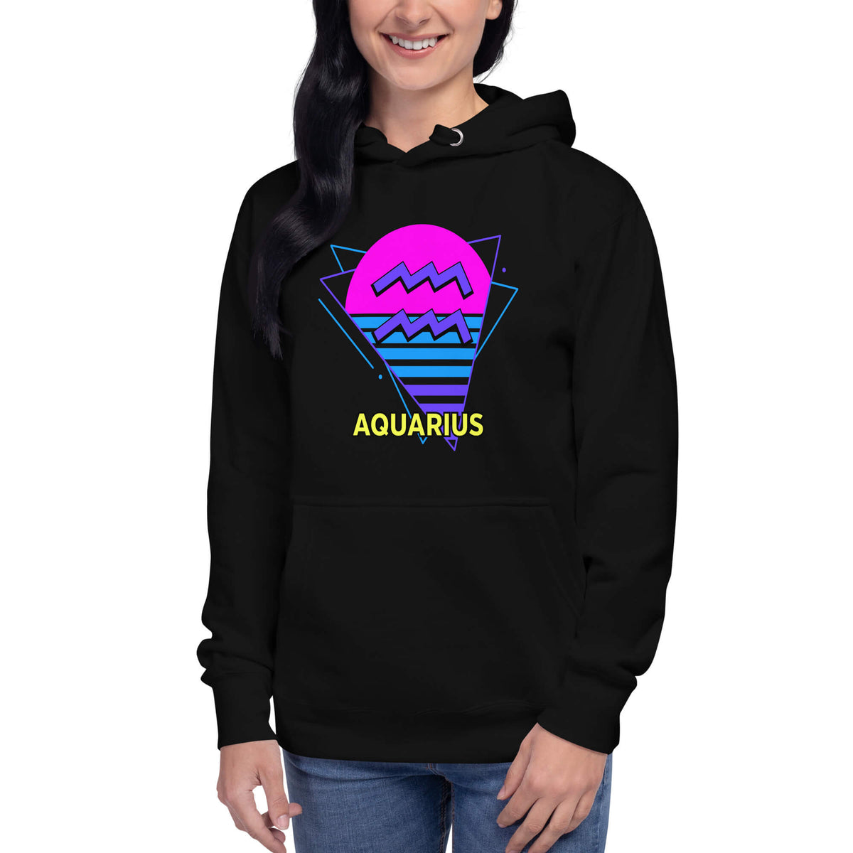 Person wearing Aquarius zodiac retro 80s graphic pullover hoodie in black with purple design, unisex astrology apparel