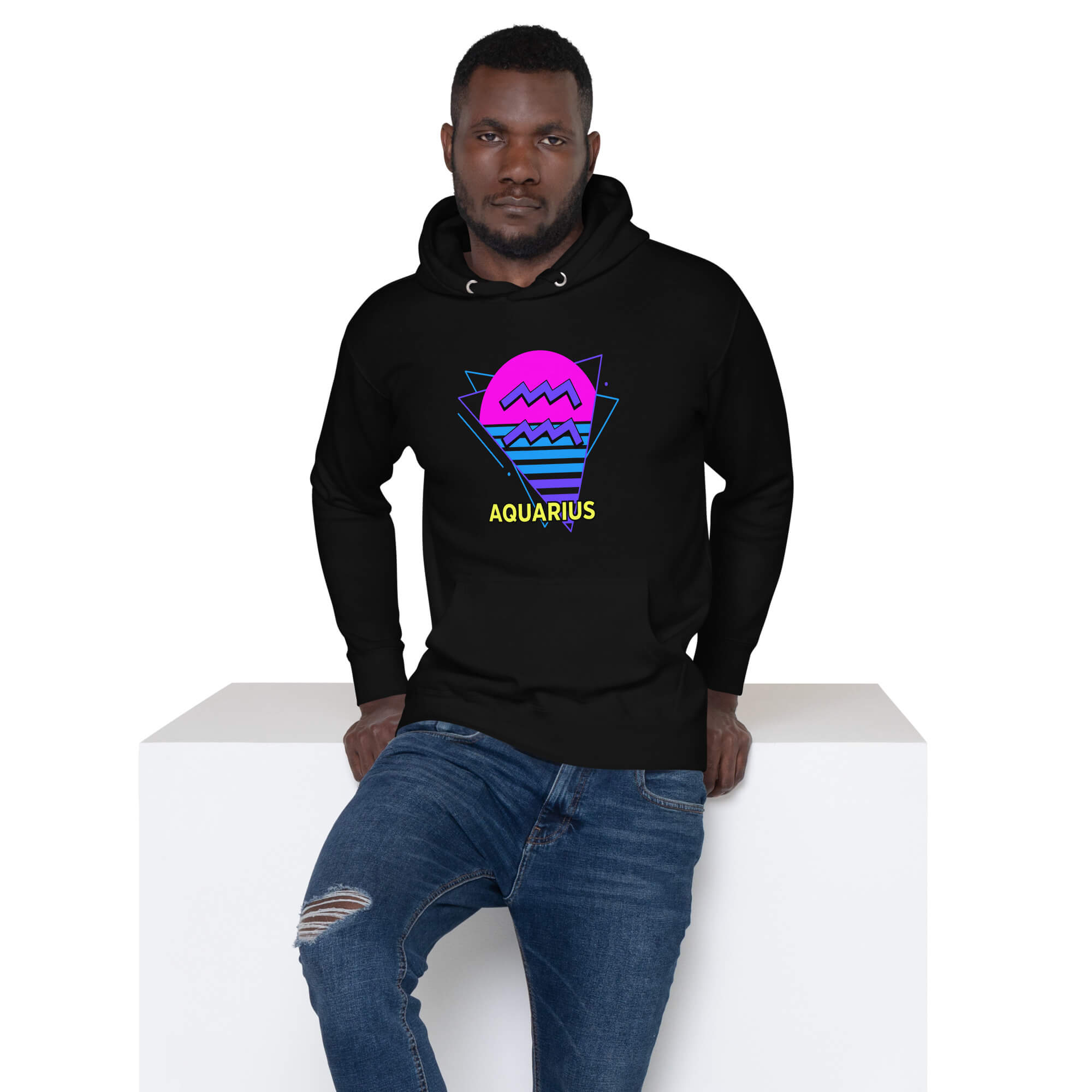 Person wearing Aquarius zodiac retro 80s graphic pullover hoodie in black with purple design, unisex retro astrology gift