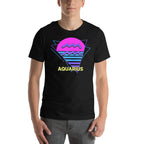 Person wearing Aquarius zodiac retro 80s graphic t-shirt, unisex astrology apparel