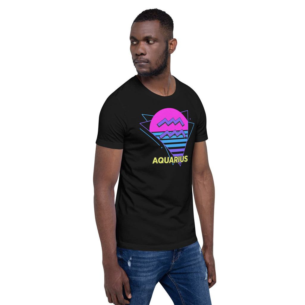 Man wearing Aquarius zodiac retro 80s graphic t-shirt, unisex retro astrology apparel