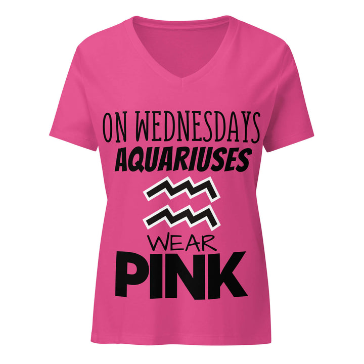 Pink v-neck with black text and Aquarius symbol on a white background