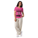 Woman wearing Aquarius zodiac "Wears Pink" graphic v-neck t-shirt in pink, women's astrology apparel
