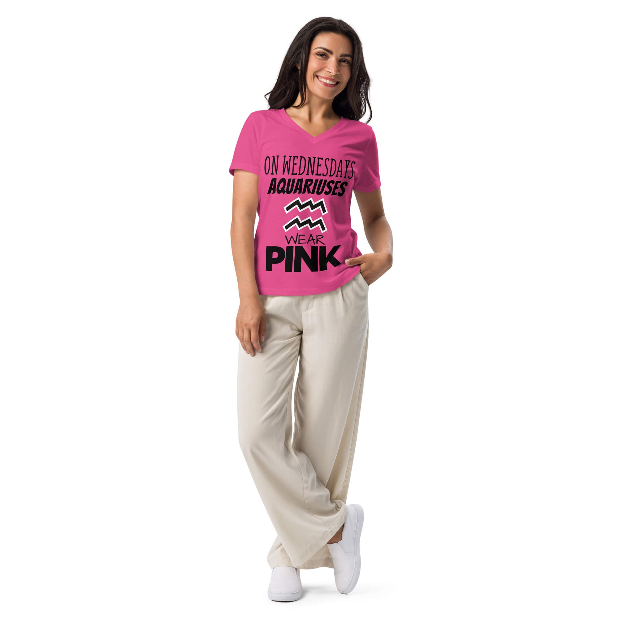 Woman wearing Aquarius zodiac "Wears Pink" graphic v-neck t-shirt in pink, women's astrology apparel
