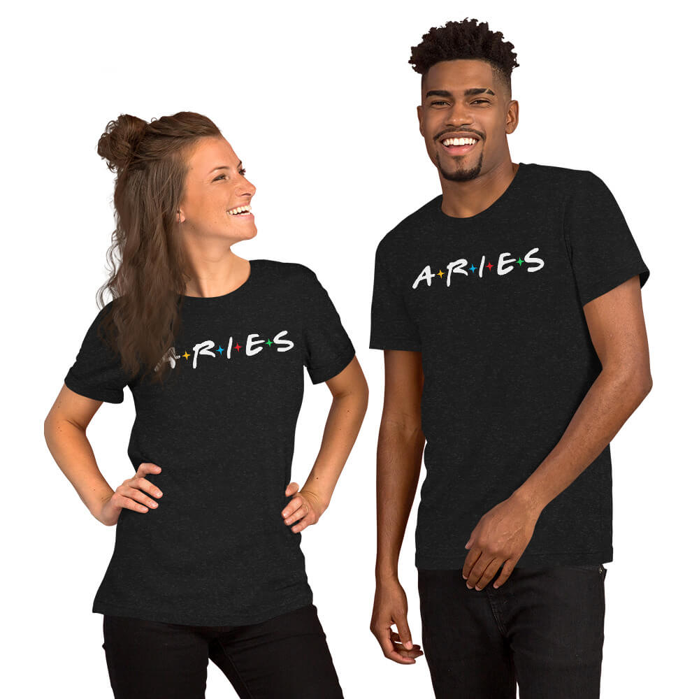 Two people wearing Aries zodiac 90s nostalgia graphic t-shirts in black, lifestyle photo