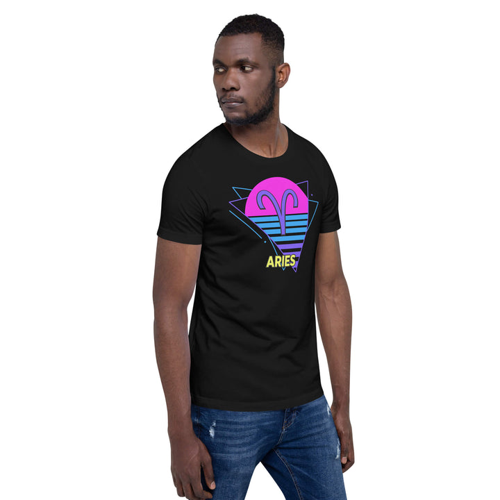Male model facing sideways wearing black t-shirt with Aries zodiac symbol design on a white background
