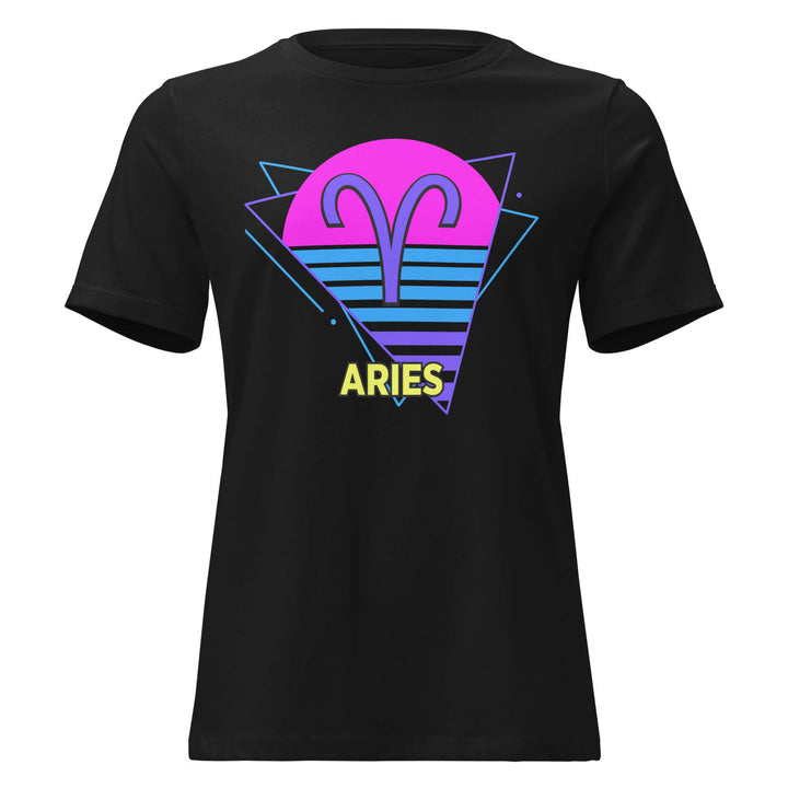 Aries retro 80s zodiac t-shirt with pink sun design on black shirt – flat product mockup