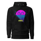 Aries zodiac retro 80s graphic pullover hoodie, black with purple design, unisex astrology apparel, front flat lay