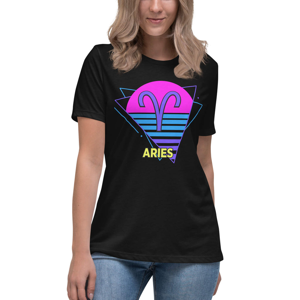 Person wearing Aries zodiac retro 80s graphic t-shirt, unisex retro astrology style