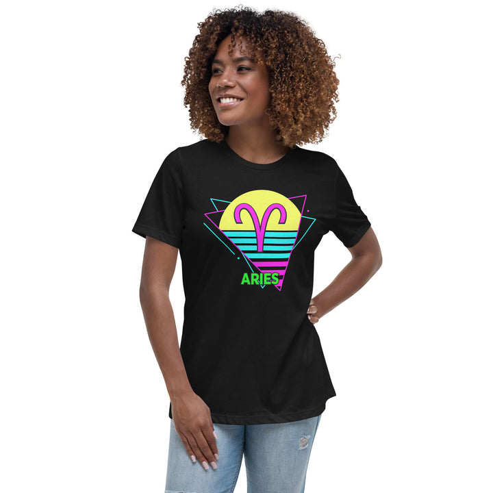 Woman wearing aries retro 80s astrology t-shirt with neon pink sun, styled with denim shorts