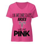 "On Wednesdays Aries Wears Pink" zodiac v-neck t-shirt, pink, women's astrology apparel, front flat lay