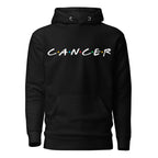 Cancer zodiac 90s nostalgia graphic pullover hoodie, black unisex relaxed fit, front flat lay