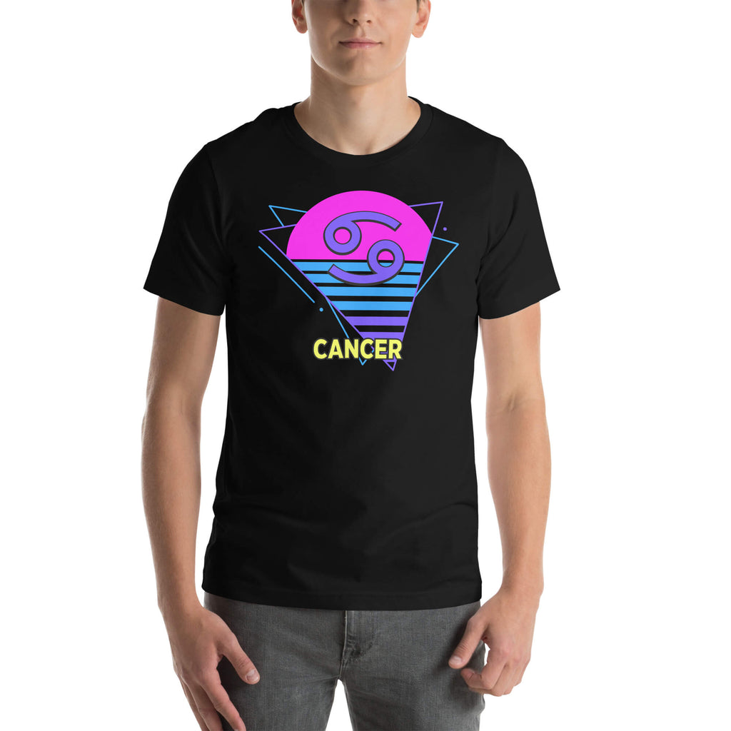 Person wearing Cancer zodiac retro 80s graphic t-shirt, unisex astrology apparel