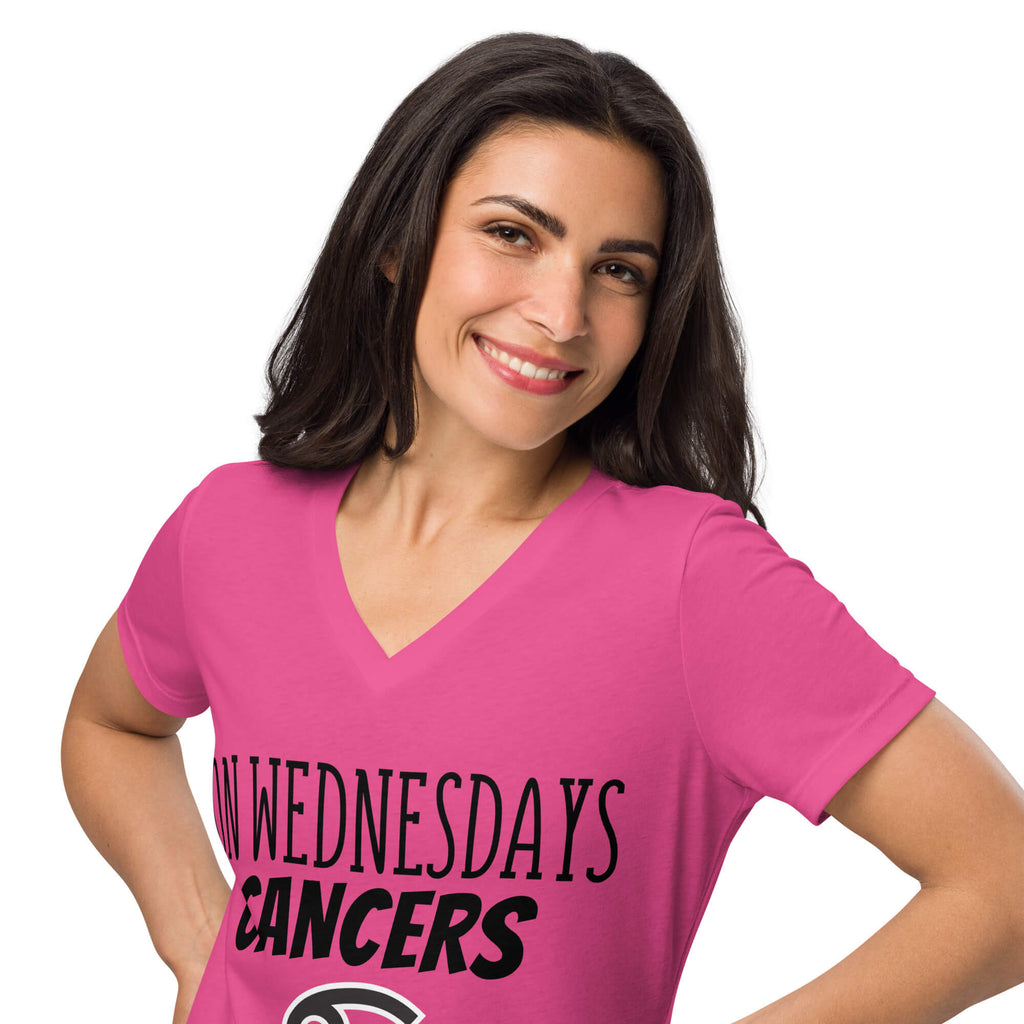 Woman wearing "On Wednesdays Cancer Wears Pink" zodiac v-neck t-shirt in hot pink, women's astrology gift idea