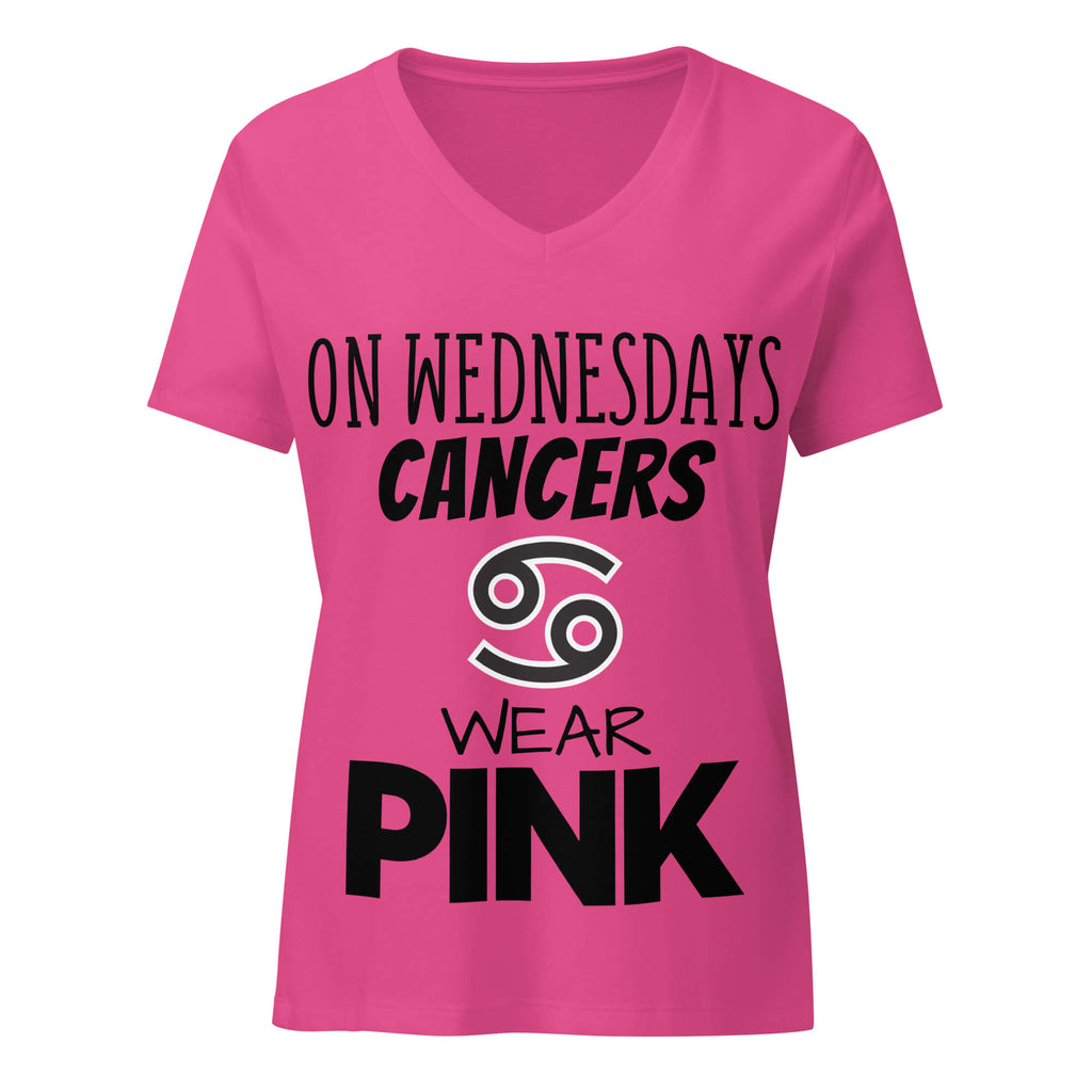 "On Wednesdays Cancer Wears Pink" zodiac v-neck t-shirt, pink, women's astrology apparel, front flat lay
