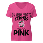 "On Wednesdays Cancer Wears Pink" zodiac v-neck t-shirt, pink, women's astrology apparel, front flat lay