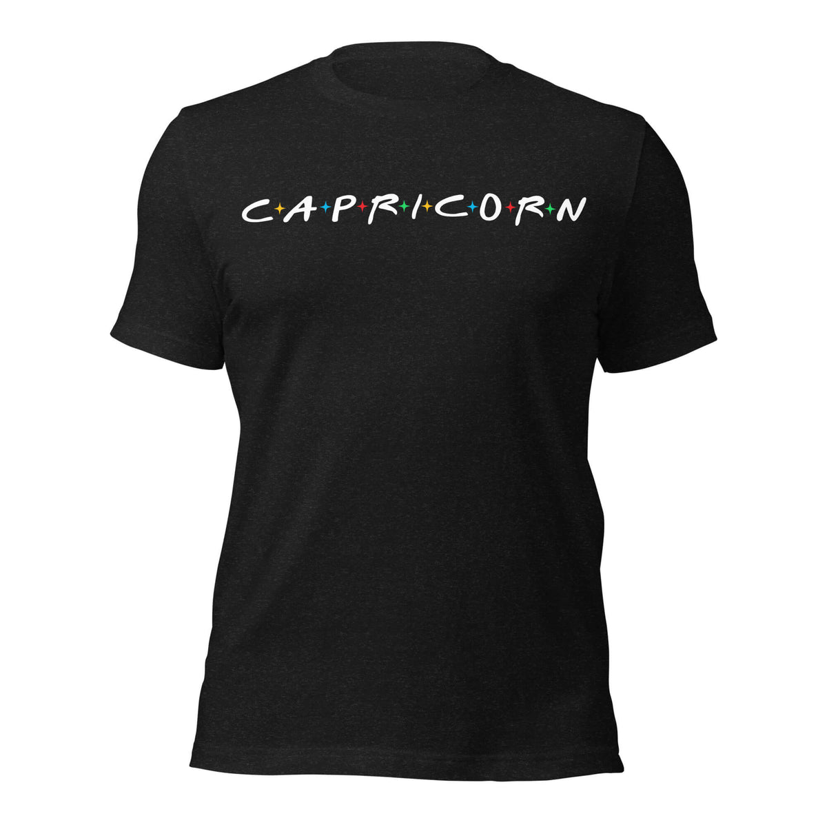 Capricorn zodiac 90s nostalgia graphic t-shirt, black unisex relaxed fit, front flat lay