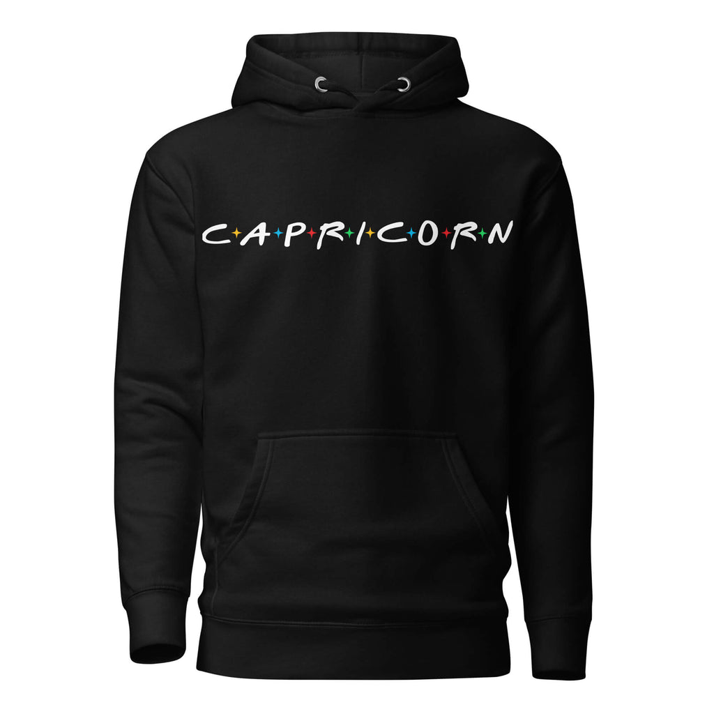 Capricorn zodiac 90s nostalgia graphic pullover hoodie, black unisex relaxed fit, front flat lay