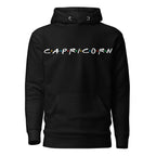 Capricorn zodiac 90s nostalgia graphic pullover hoodie, black unisex relaxed fit, front flat lay
