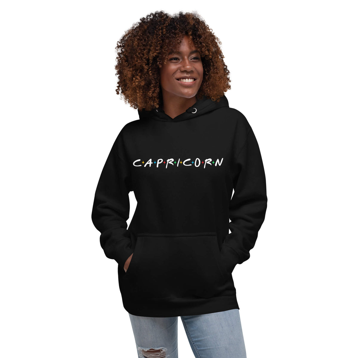 Person wearing Capricorn zodiac 90s nostalgia graphic hoodie in black, retro astrology style