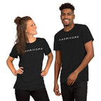 Two people wearing Capricorn zodiac 90s nostalgia graphic t-shirts in black, lifestyle photo