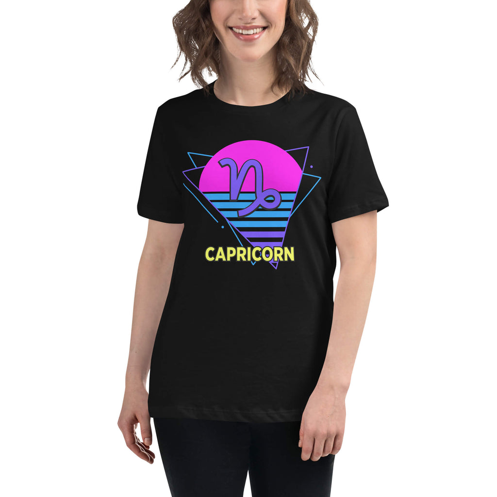 Person wearing Capricorn zodiac retro 80s graphic t-shirt, unisex astrology apparel