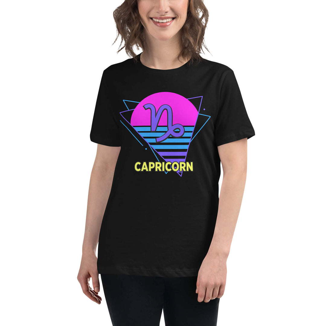 Person wearing Capricorn zodiac retro 80s graphic t-shirt, unisex astrology apparel