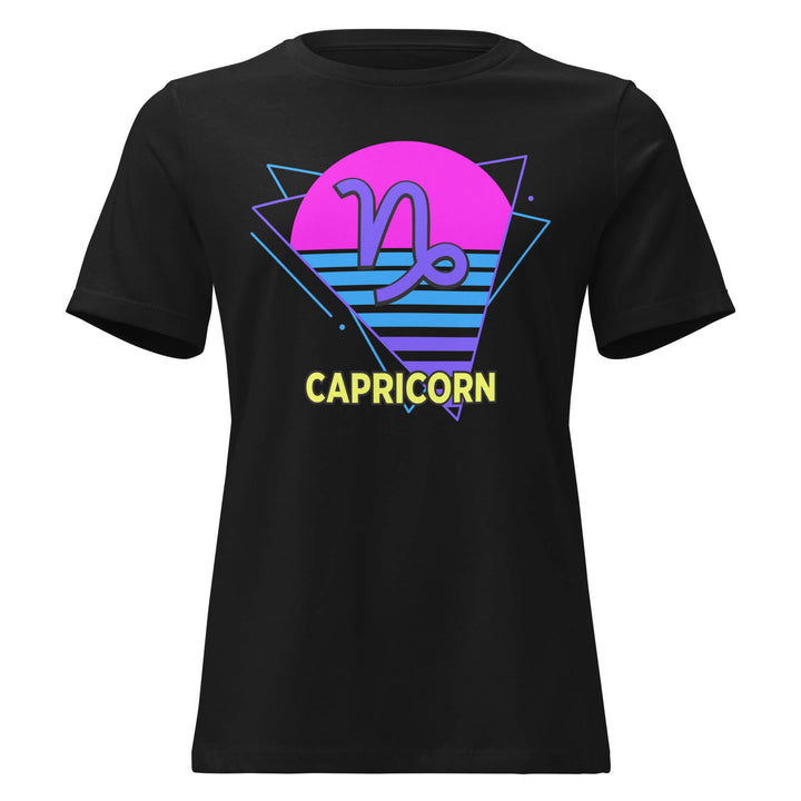 Capricorn retro 80s zodiac t-shirt with pink sun design on black shirt – flat product mockup