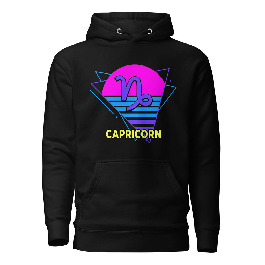 Capricorn zodiac retro 80s graphic pullover hoodie, black with purple design, unisex astrology apparel, front flat lay