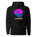 Capricorn zodiac retro 80s graphic pullover hoodie, black with purple design, unisex astrology apparel, front flat lay