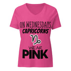 "On Wednesdays Capricorn Wears Pink" zodiac v-neck t-shirt, pink, women's astrology apparel, front flat lay