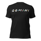 Gemini zodiac 90s nostalgia graphic t-shirt, black unisex relaxed fit, front flat lay