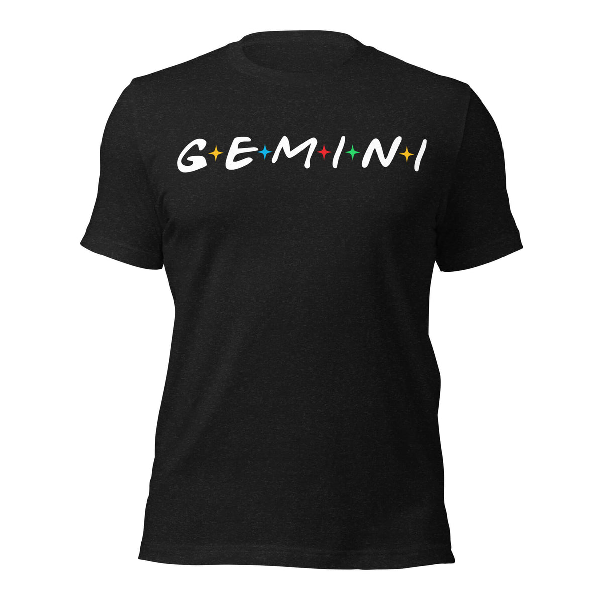 Gemini zodiac 90s nostalgia graphic t-shirt, black unisex relaxed fit, front flat lay