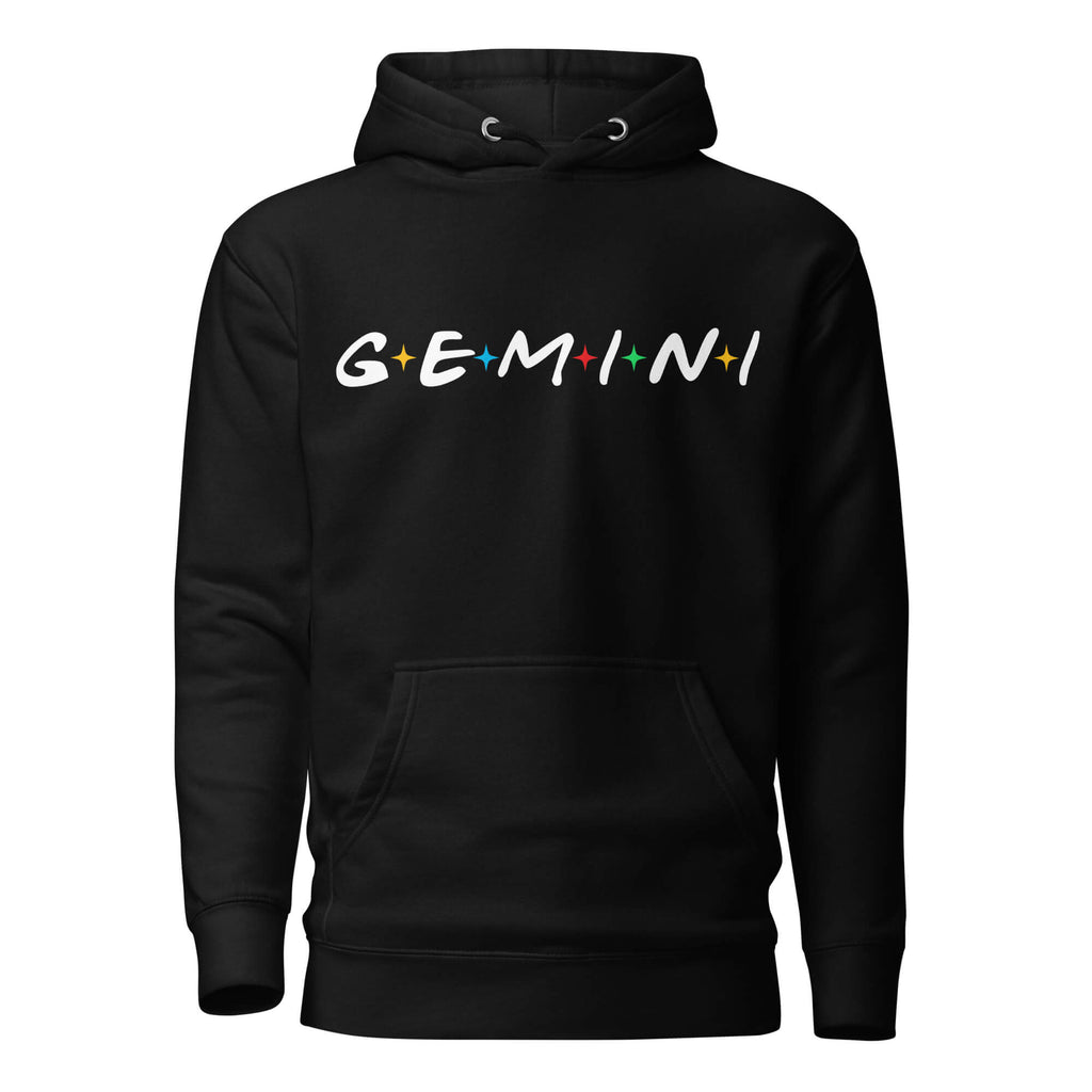 Gemini zodiac 90s nostalgia graphic pullover hoodie, black unisex relaxed fit, front flat lay